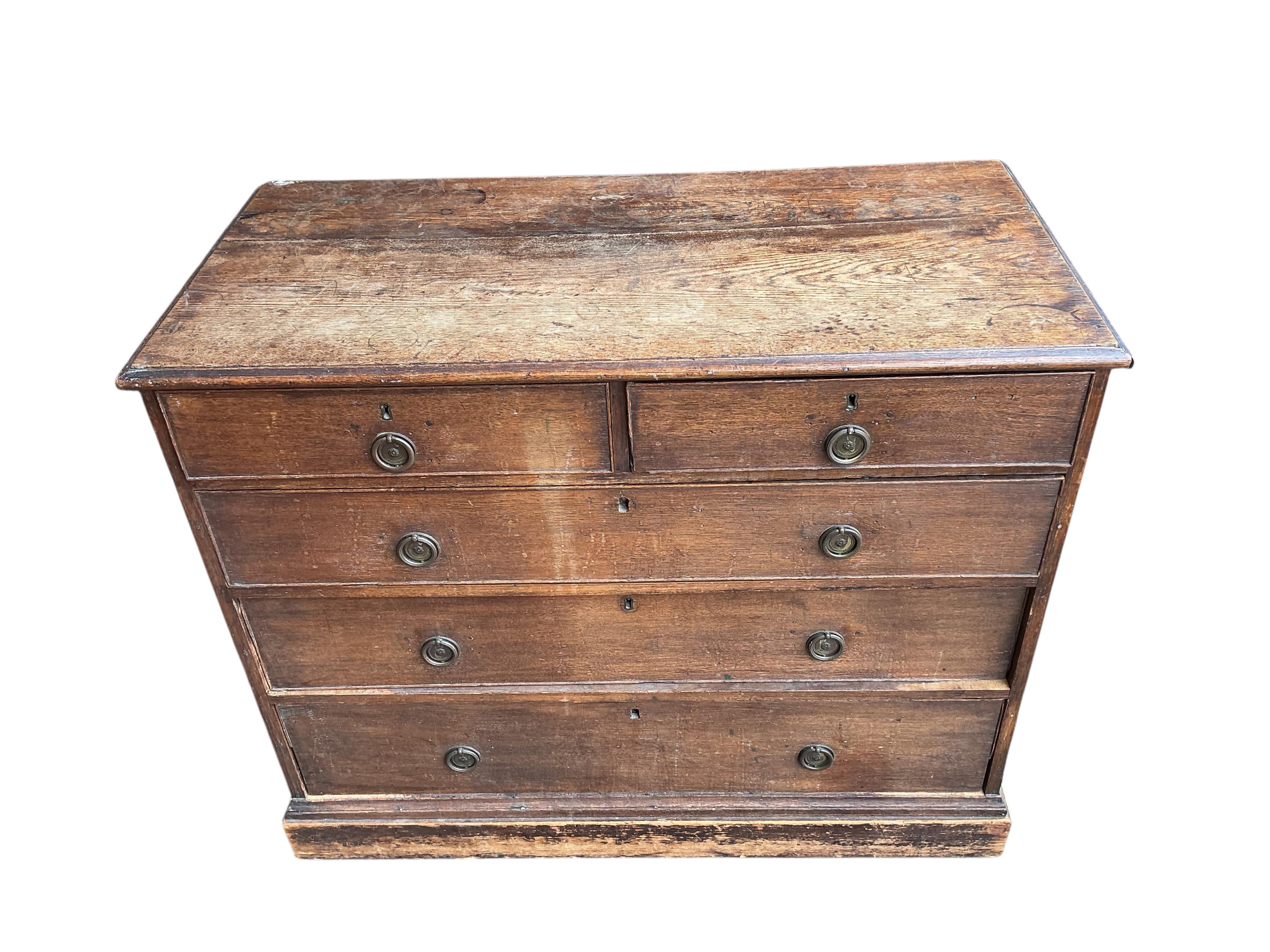 An early 19th century and later oak five drawer chest, width 103cm, depth 50cm, height 85cm